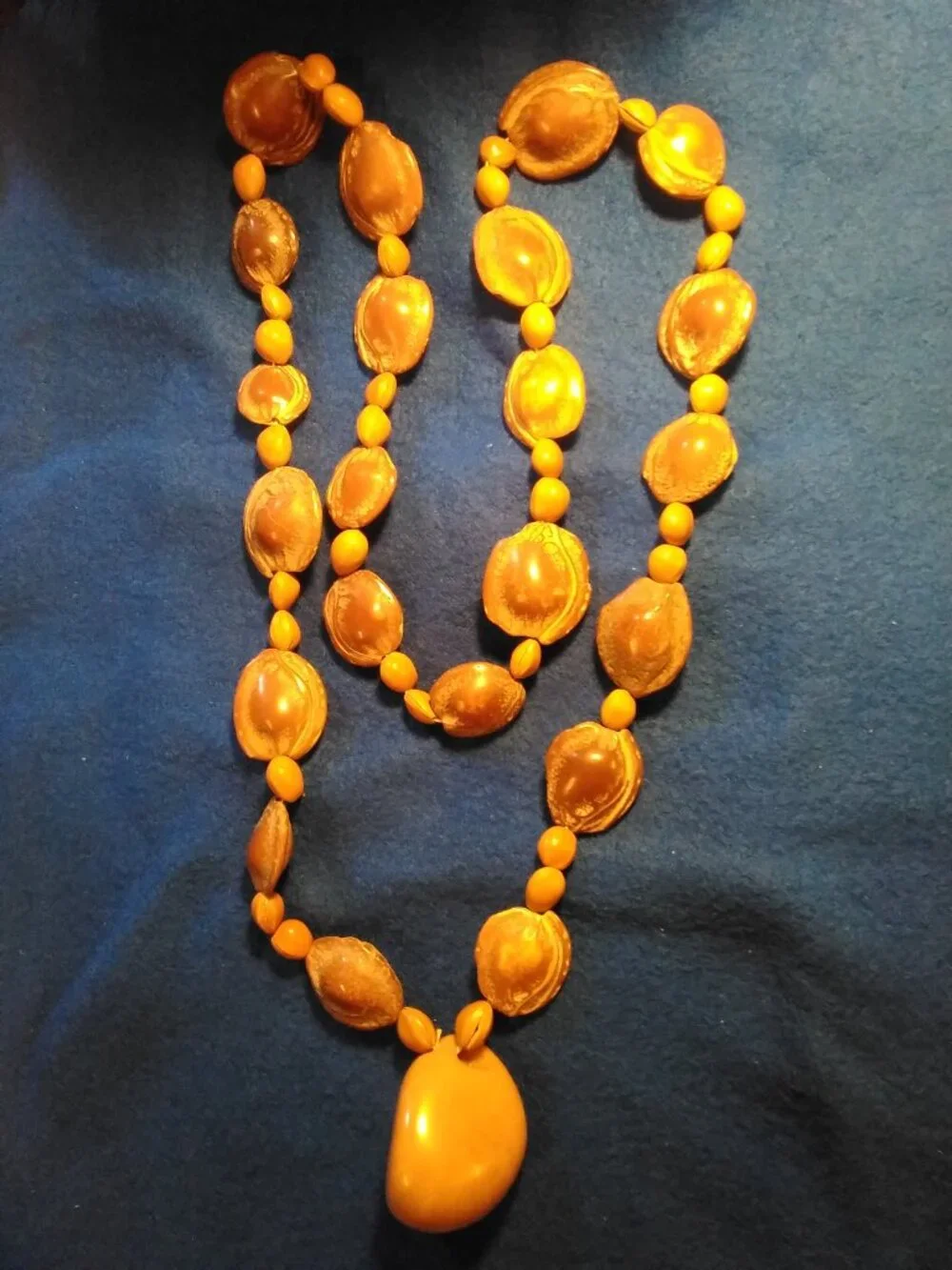 Vintage 17 Inch Puka Carved Nuts Beaded Indian Style Pendant Necklace #CJ6